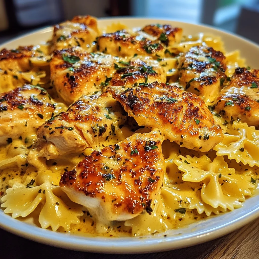 Cheesy Mozzarella Garlic Butter Chicken Bowties with Parmesan Sauce