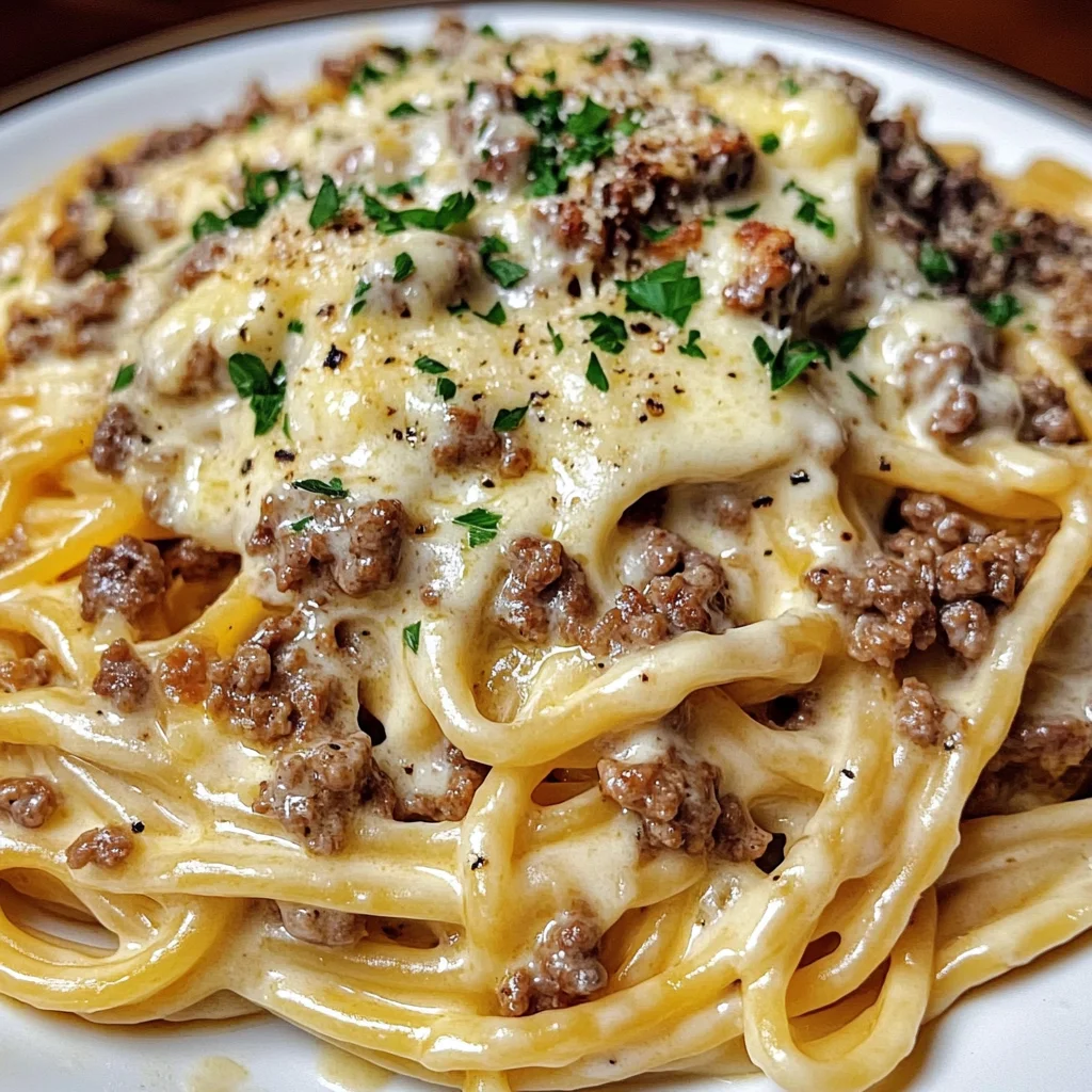 Creamy Beef Linguine with Cheesy Garlic Butter Alfredo