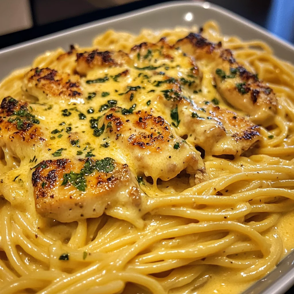 Creamy Chicken Spaghetti with Cheddar Garlic Parmesan Sauce