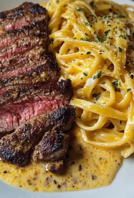 Garlic Butter Steak Strips with Creamy Spicy Cheddar Linguine