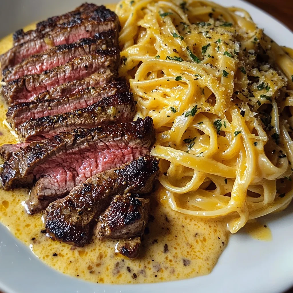 Garlic Butter Steak Strips with Creamy Spicy Cheddar Linguine