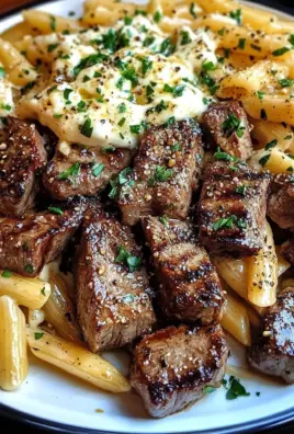 Garlic Butter Steak Tips with Mozzarella Penne