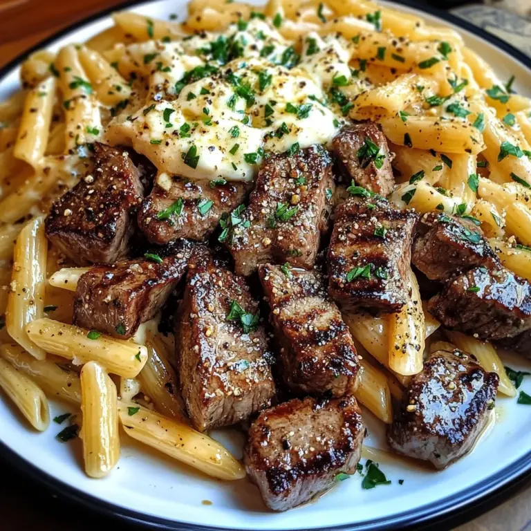 Garlic Butter Steak Tips with Mozzarella Penne