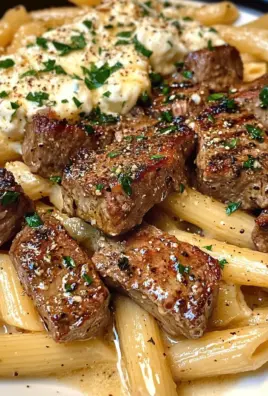 Garlic Butter Steak Tips with Mozzarella Penne
