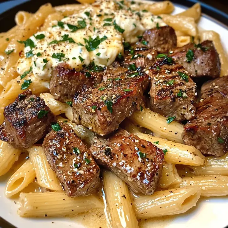 Garlic Butter Steak Tips with Mozzarella Penne