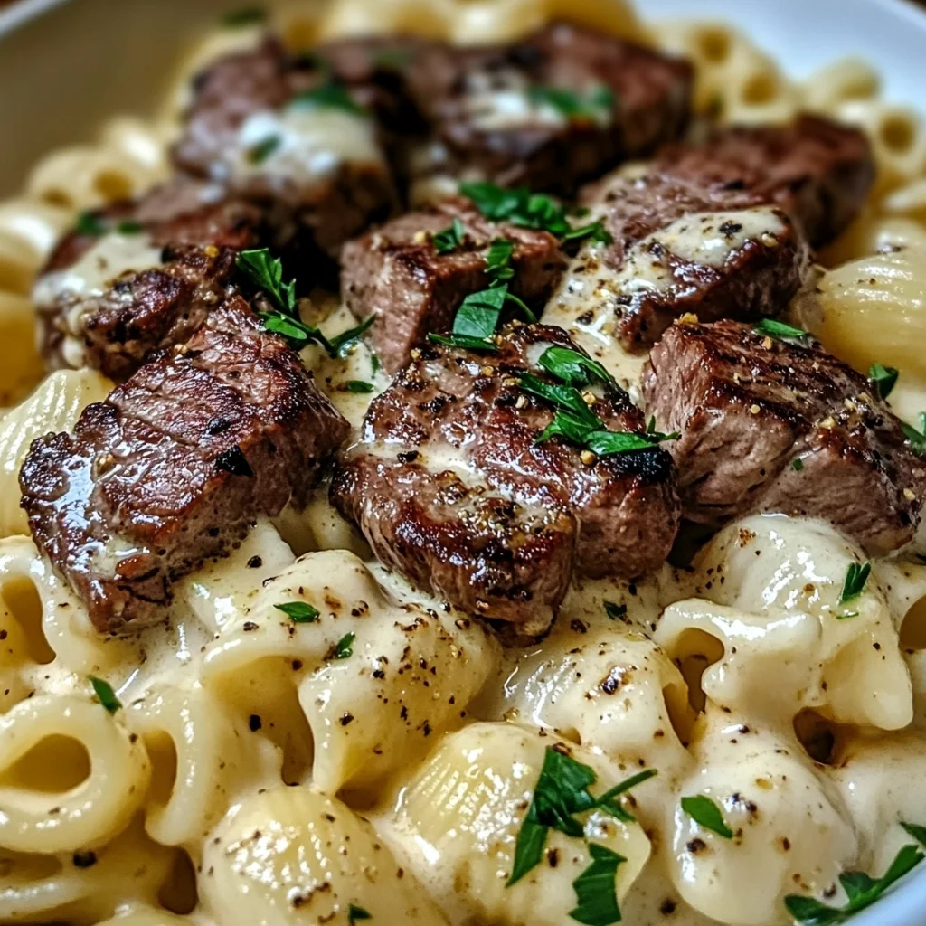 Steak Bites and Shell Pasta in Garlic Butter Alfredo Sauce