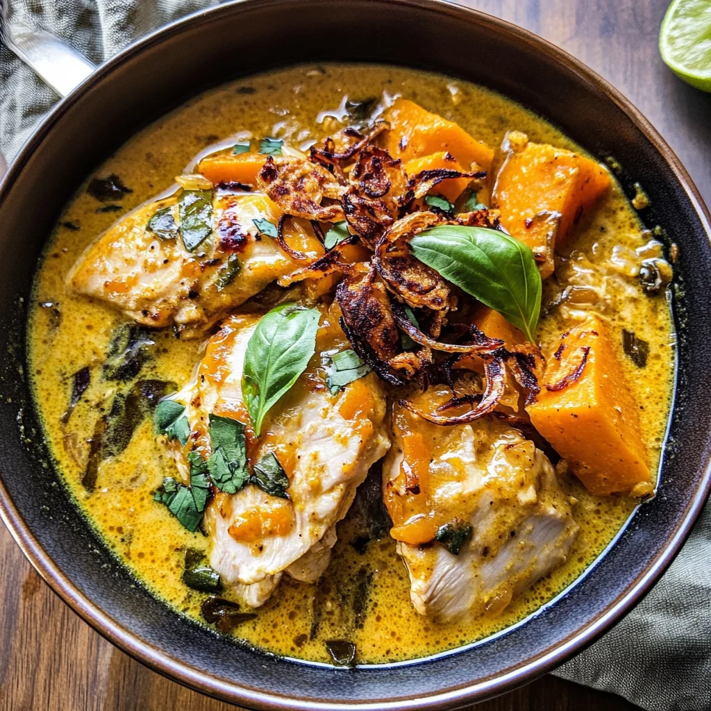 Crockpot Coconut Chicken Curry with Crispy Shallot Basil Oil