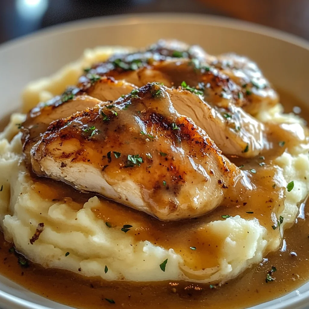 Chicken and Garlic Gravy with Cheesy Mashed Potatoes