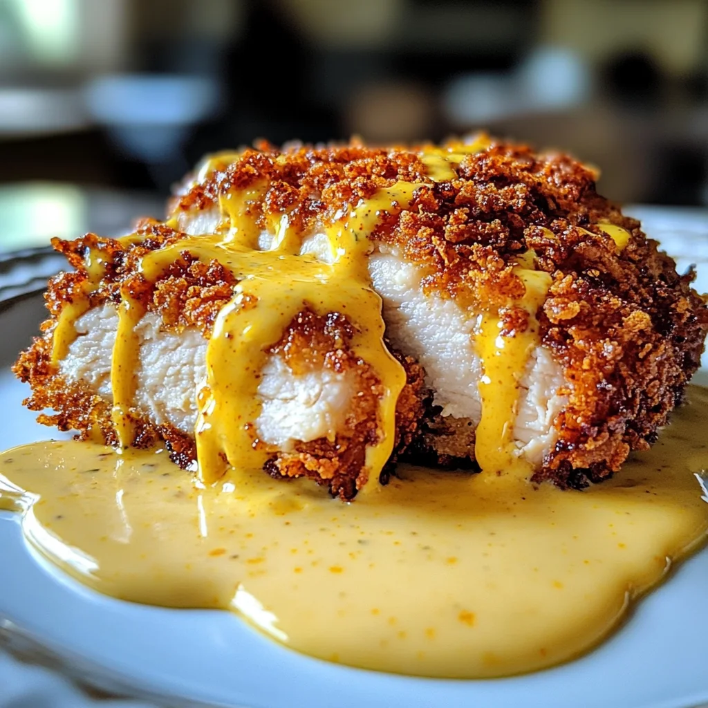 Savory Pretzel Chicken with Mustard-Cheddar Sauce Delight