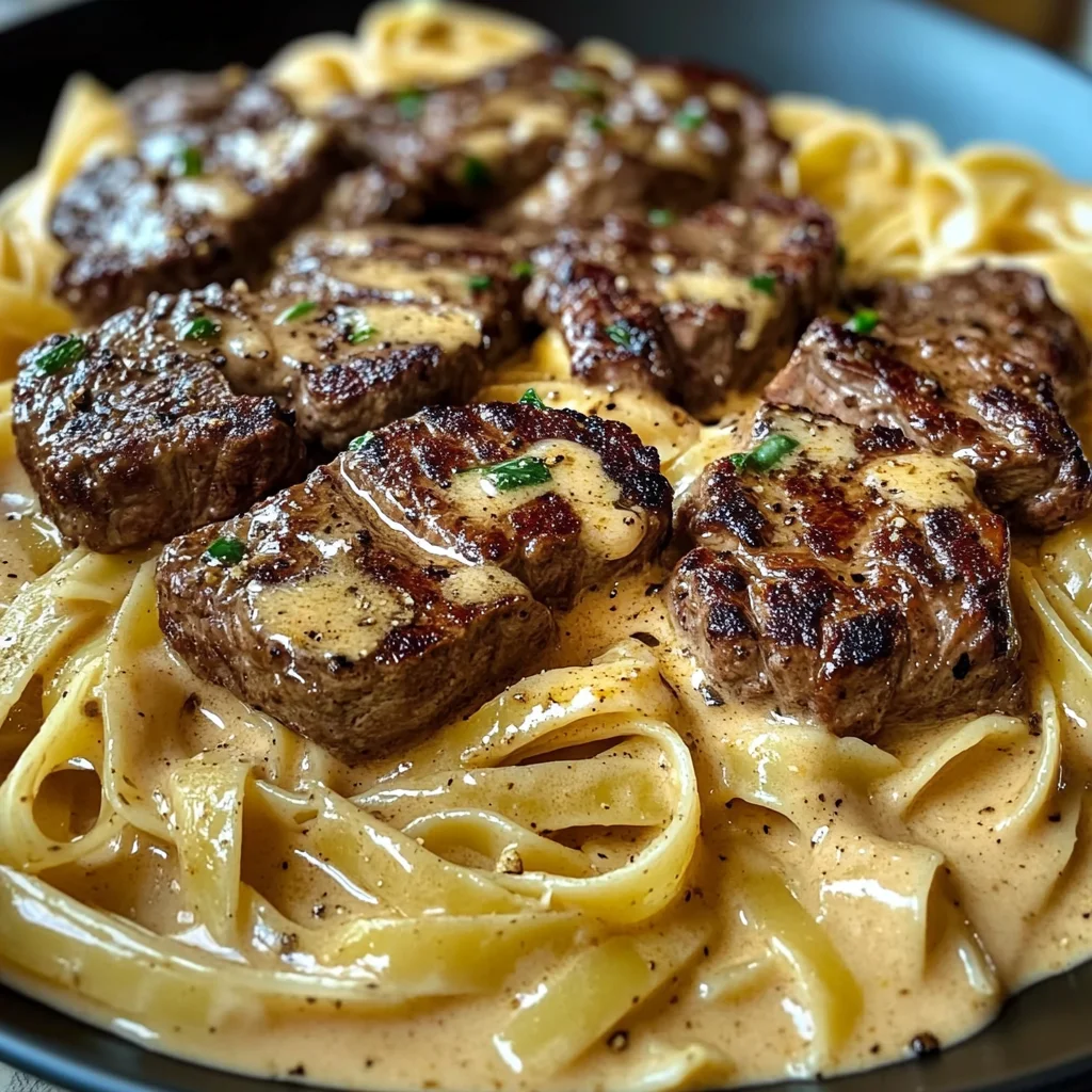 Smoky Cajun Steak Tips Over Velvety Fettuccine