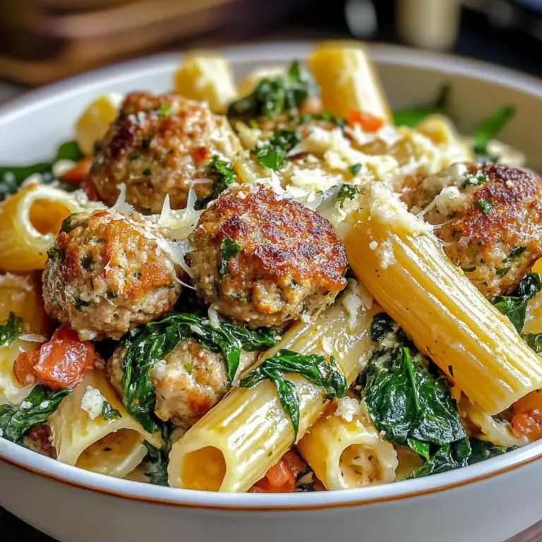 Turkey & Ricotta Meatballs with Garlic Spinach Rigatoni