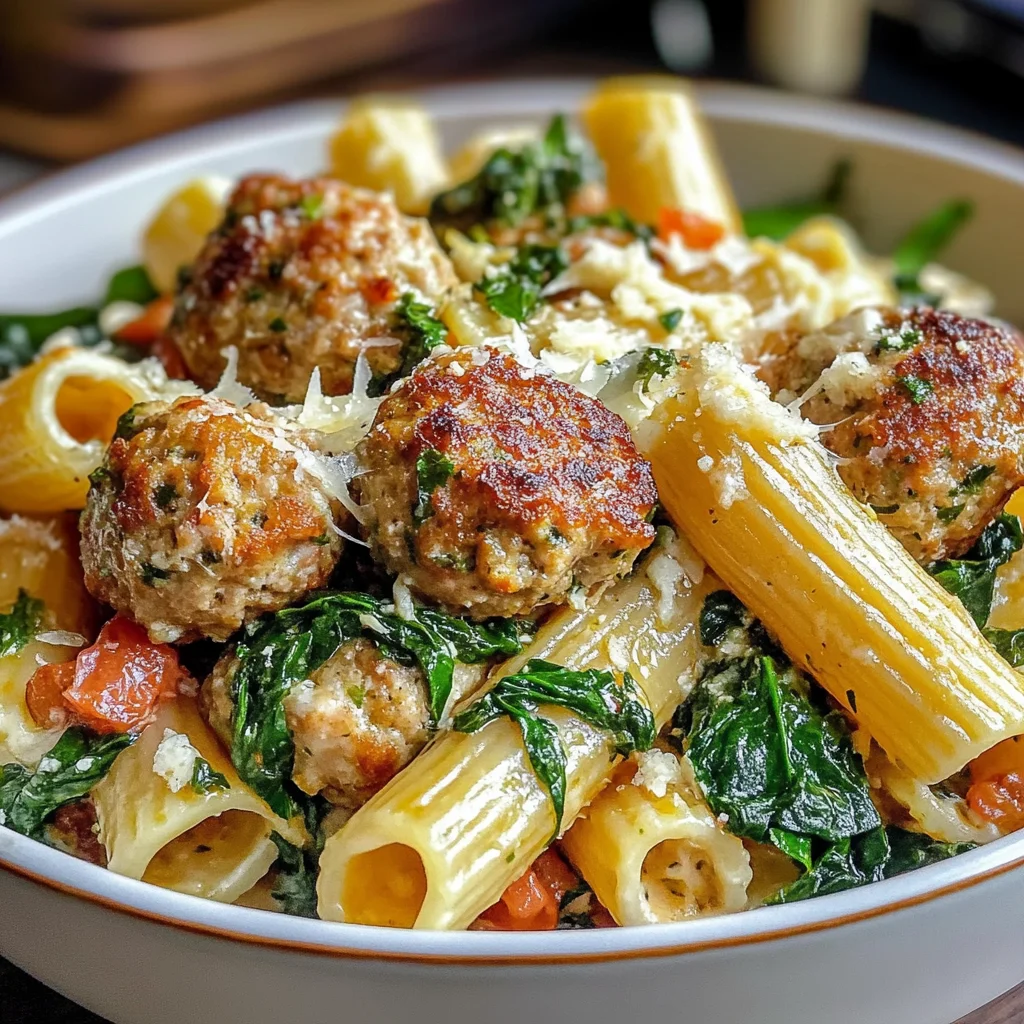 Turkey & Ricotta Meatballs with Garlic Spinach Rigatoni